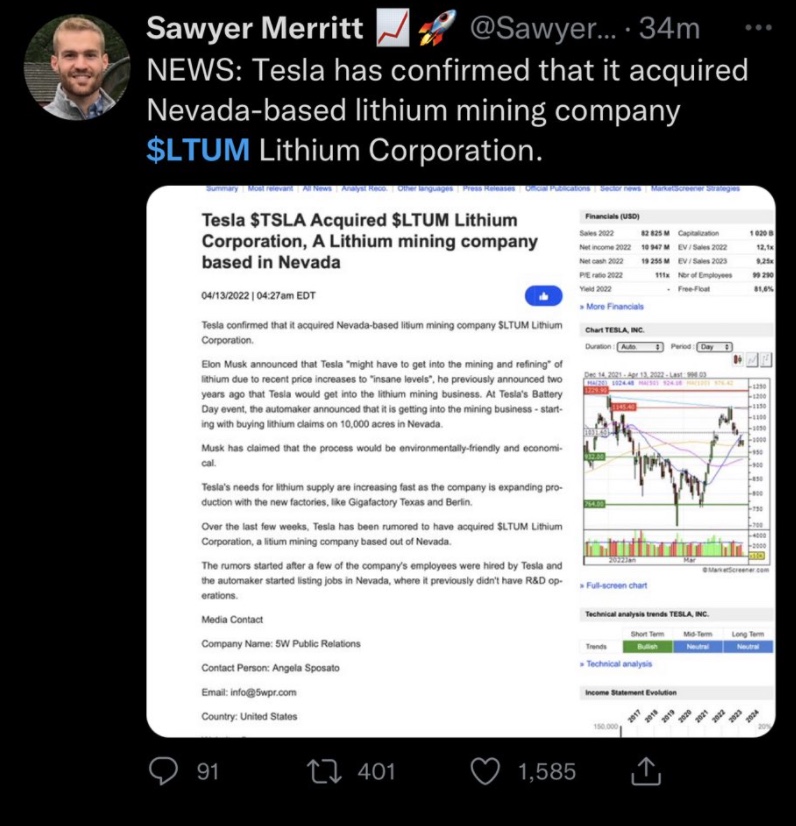 特斯拉收购美国锂商Lithium系乌龙事件
