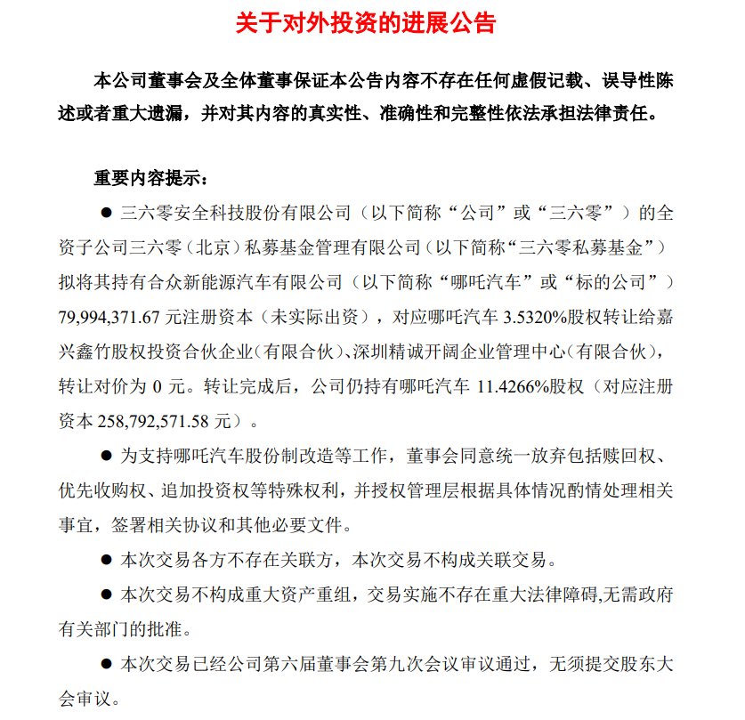 360发布公告转让哪吒汽车 3.532%股权，交易后仍持有超11.4%股权