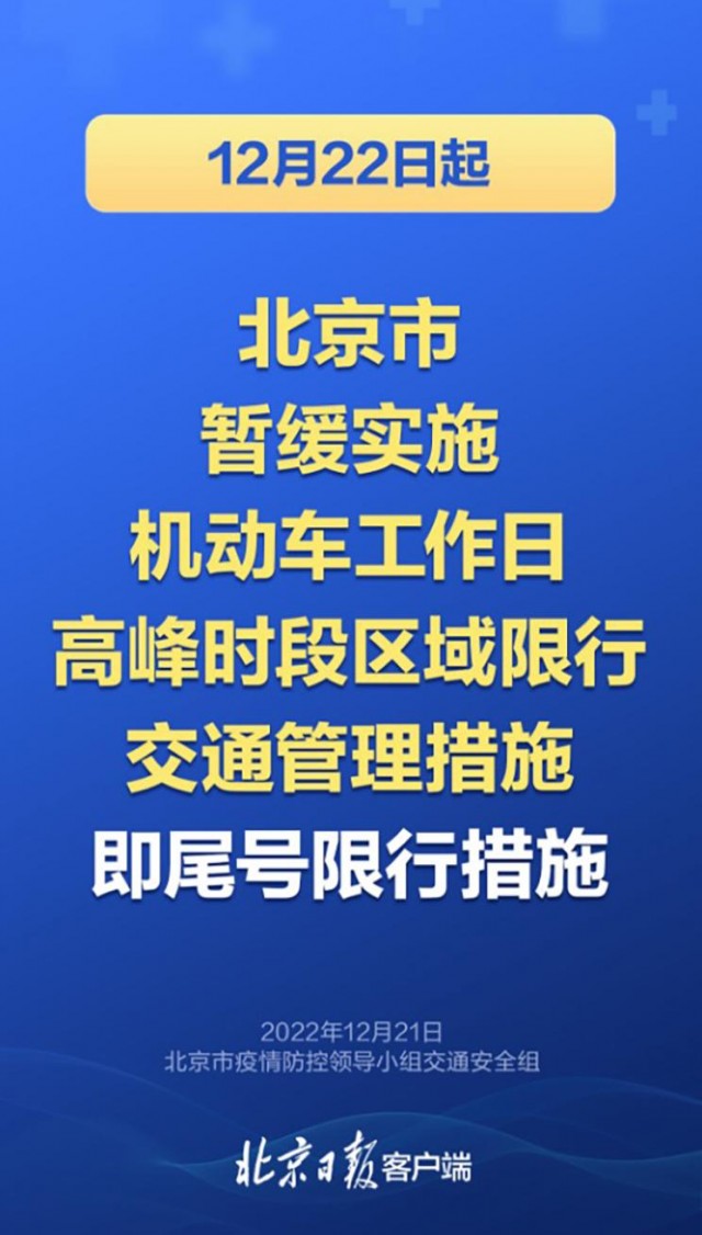 北京暂缓实施机动车尾号限行政策 12月22日起