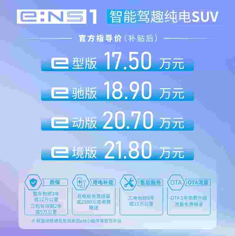 东风本田首次“触电” e:NS1正式上市 售价17.5万-21.8万元